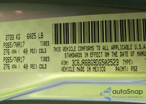 2013 Ram 1500 Slt z USA, uszkodzony, nr VIN 3C6JR6BG9DG502523
